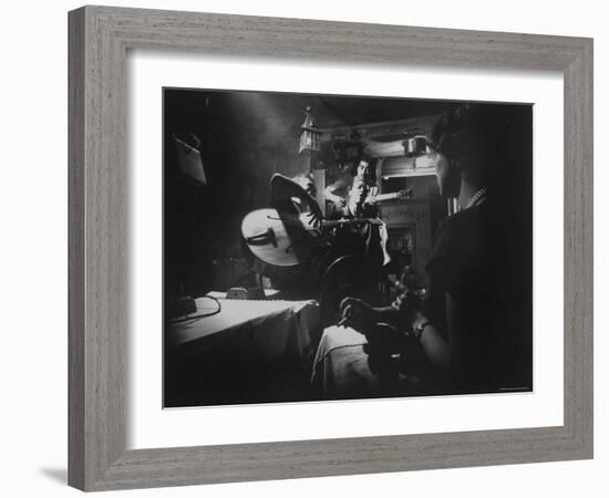 Two Guitarists and Vocalist Entertaining at Club Chez Genevieve-Gjon Mili-Framed Photographic Print