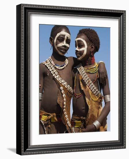 Two Hamer Girls Wearing Traditional Goat Skin Dress Decorated with Cowie Shells, Turmi, Ethiopia-Jane Sweeney-Framed Photographic Print