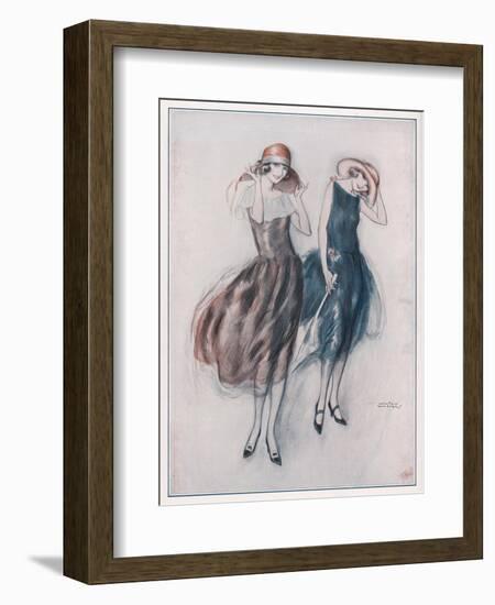 Two Happy Flappers Wear Soft Wide Brimmed Hats and Gathered Skirts That Catch the Breeze-Wilton Williams-Framed Art Print