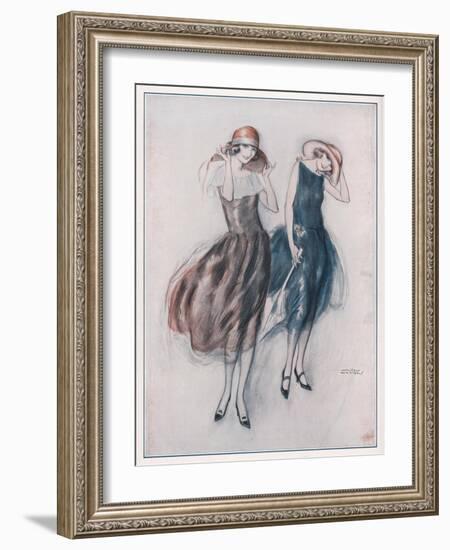 Two Happy Flappers Wear Soft Wide Brimmed Hats and Gathered Skirts That Catch the Breeze-Wilton Williams-Framed Art Print