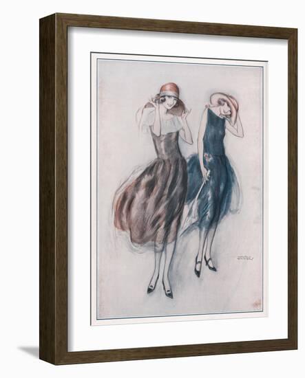 Two Happy Flappers Wear Soft Wide Brimmed Hats and Gathered Skirts That Catch the Breeze-Wilton Williams-Framed Art Print