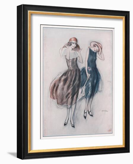 Two Happy Flappers Wear Soft Wide Brimmed Hats and Gathered Skirts That Catch the Breeze-Wilton Williams-Framed Art Print