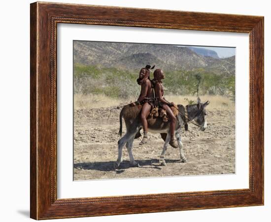 Two Happy Himba Girls Ride a Donkey to Market, Namibia-Nigel Pavitt-Framed Photographic Print