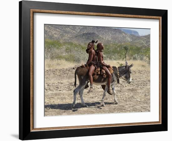 Two Happy Himba Girls Ride a Donkey to Market, Namibia-Nigel Pavitt-Framed Photographic Print