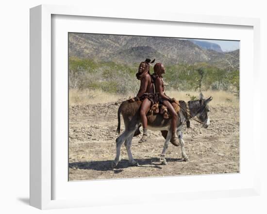 Two Happy Himba Girls Ride a Donkey to Market, Namibia-Nigel Pavitt-Framed Photographic Print