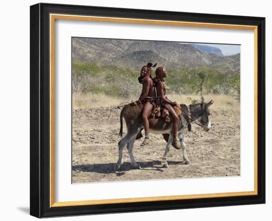 Two Happy Himba Girls Ride a Donkey to Market, Namibia-Nigel Pavitt-Framed Photographic Print