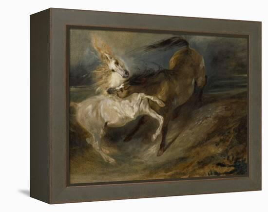 Two Horses Fighting in a Stormy Landscape, C.1828 (Oil on Canvas)-Ferdinand Victor Eugene Delacroix-Framed Premier Image Canvas