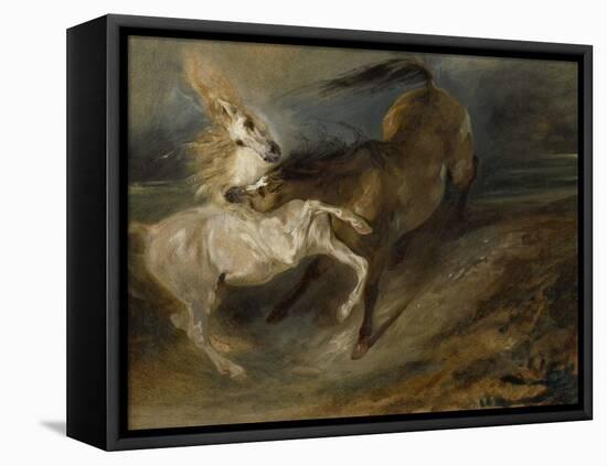 Two Horses Fighting in a Stormy Landscape, C.1828 (Oil on Canvas)-Ferdinand Victor Eugene Delacroix-Framed Premier Image Canvas