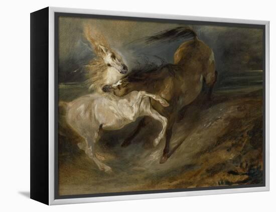 Two Horses Fighting in a Stormy Landscape, C.1828 (Oil on Canvas)-Ferdinand Victor Eugene Delacroix-Framed Premier Image Canvas