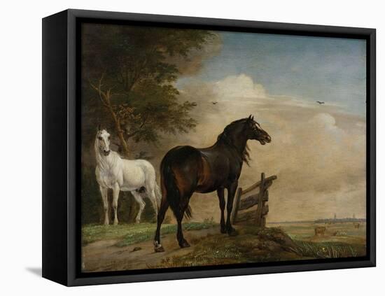 Two Horses in a Meadow Near a Gate-Paulus Potter-Framed Stretched Canvas