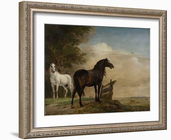 Two Horses in a Meadow Near a Gate-Paulus Potter-Framed Art Print