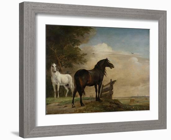 Two Horses in a Meadow Near a Gate-Paulus Potter-Framed Art Print