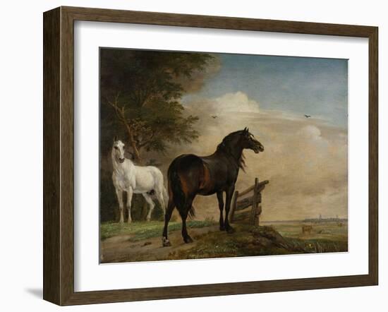 Two Horses in a Meadow Near a Gate-Paulus Potter-Framed Art Print