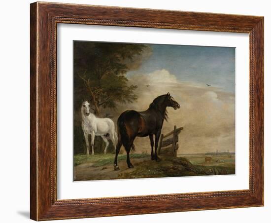 Two Horses in a Meadow Near a Gate-Paulus Potter-Framed Art Print