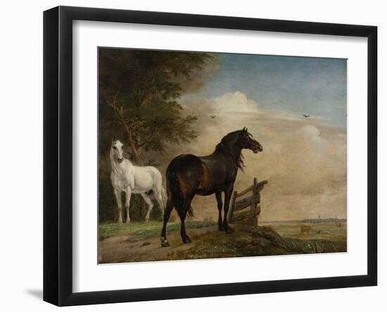 Two Horses in a Meadow Near a Gate-Paulus Potter-Framed Art Print