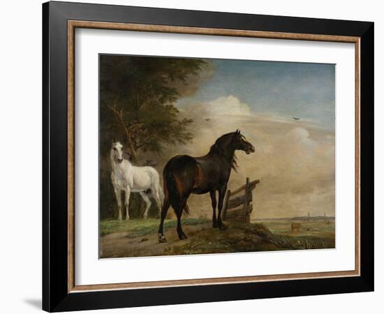 Two Horses in a Meadow Near a Gate-Paulus Potter-Framed Art Print