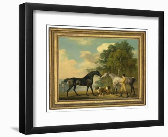 Two Hunters with a Young Groom and a Dog by a Lake, 1778 (Oil on Mahogany Panel)-George Stubbs-Framed Giclee Print