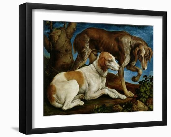 Two Hunting Dogs Tied to a Tree Stump, c.1548-50-Jacopo Bassano-Framed Giclee Print