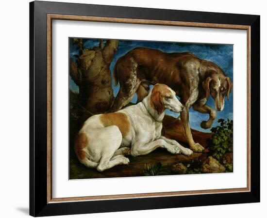 Two Hunting Dogs Tied to a Tree Stump, c.1548-50-Jacopo Bassano-Framed Giclee Print