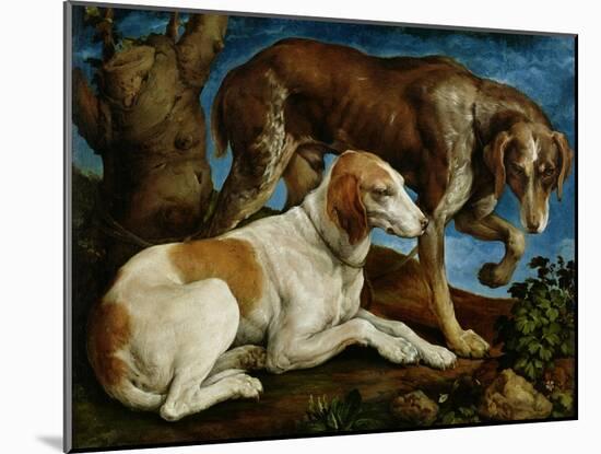 Two Hunting Dogs Tied to a Tree Stump, c.1548-50-Jacopo Bassano-Mounted Giclee Print