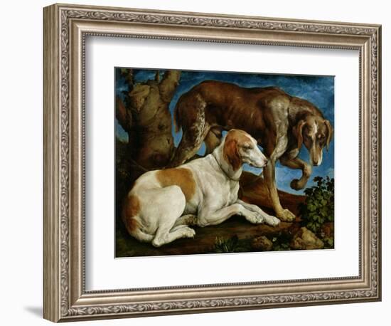 Two Hunting Dogs Tied to a Tree Stump, c.1548-50-Jacopo Bassano-Framed Giclee Print