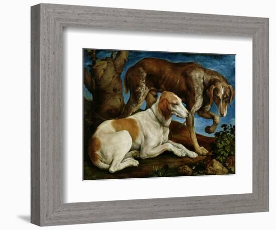 Two Hunting Dogs Tied to a Tree Stump, c.1548-50-Jacopo Bassano-Framed Giclee Print