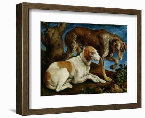 Two Hunting Dogs Tied to a Tree Stump, c.1548-50-Jacopo Bassano-Framed Giclee Print