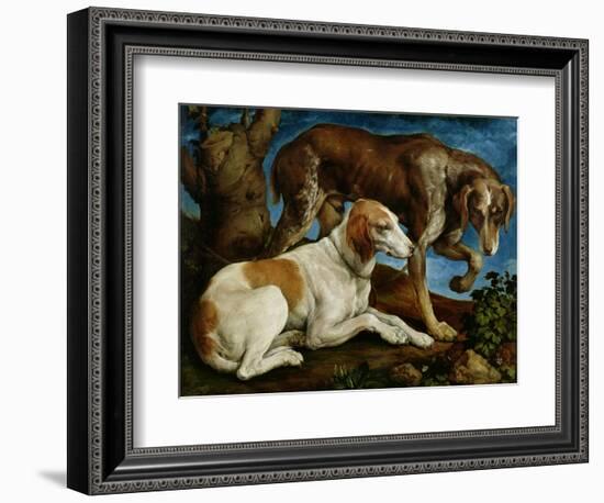 Two Hunting Dogs Tied to a Tree Stump, c.1548-50-Jacopo Bassano-Framed Giclee Print