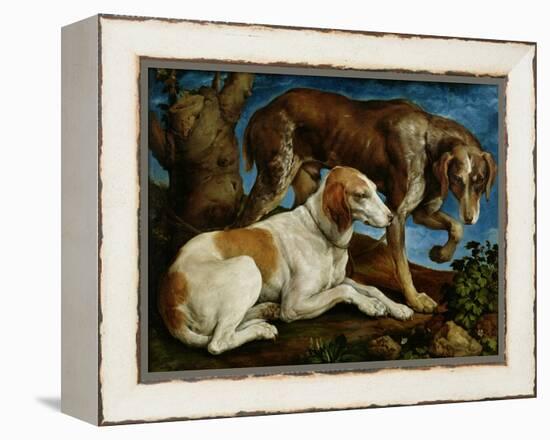 Two Hunting Dogs Tied to a Tree Stump, c.1548-50-Jacopo Bassano-Framed Premier Image Canvas