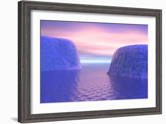 Two Icebergs Face to Face in the Ocean with Pink and Violet Sunrise-null-Framed Art Print