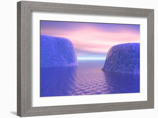 Two Icebergs Face to Face in the Ocean with Pink and Violet Sunrise-null-Framed Art Print