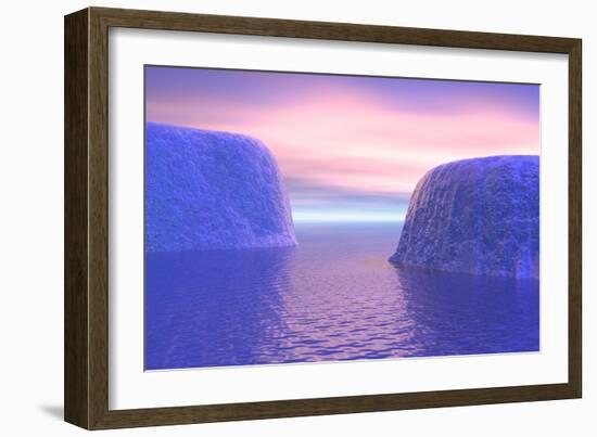 Two Icebergs Face to Face in the Ocean with Pink and Violet Sunrise--Framed Art Print