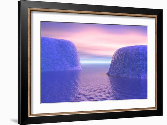 Two Icebergs Face to Face in the Ocean with Pink and Violet Sunrise-null-Framed Art Print