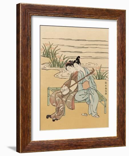 Two Japanese Lovers Play the Shamisen-Suzuki Harunobu-Framed Photographic Print