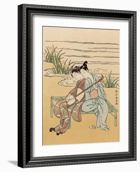 Two Japanese Lovers Play the Shamisen-Suzuki Harunobu-Framed Photographic Print