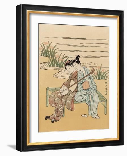 Two Japanese Lovers Play the Shamisen-Suzuki Harunobu-Framed Photographic Print