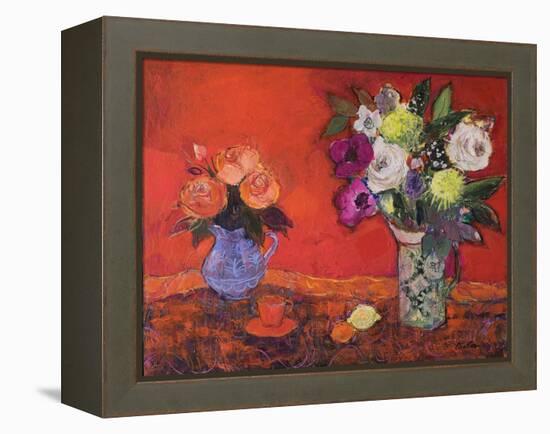 Two Jugs of Flowers on Red, 2019 (Acrylic)-Ann Oram-Framed Premier Image Canvas