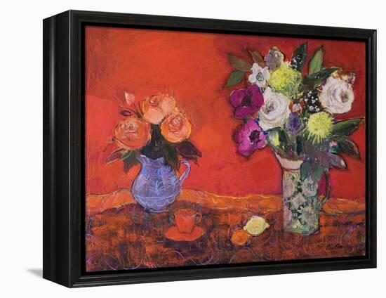 Two Jugs of Flowers on Red, 2019 (Acrylic)-Ann Oram-Framed Premier Image Canvas
