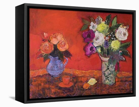 Two Jugs of Flowers on Red, 2019 (Acrylic)-Ann Oram-Framed Premier Image Canvas