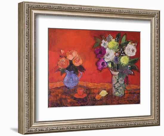 Two Jugs of Flowers on Red, 2019 (Acrylic)-Ann Oram-Framed Giclee Print