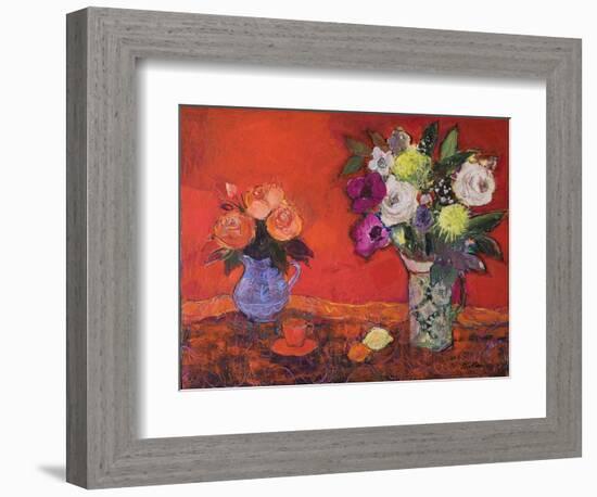 Two Jugs of Flowers on Red, 2019 (Acrylic)-Ann Oram-Framed Giclee Print