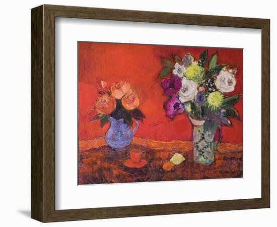 Two Jugs of Flowers on Red, 2019 (Acrylic)-Ann Oram-Framed Giclee Print