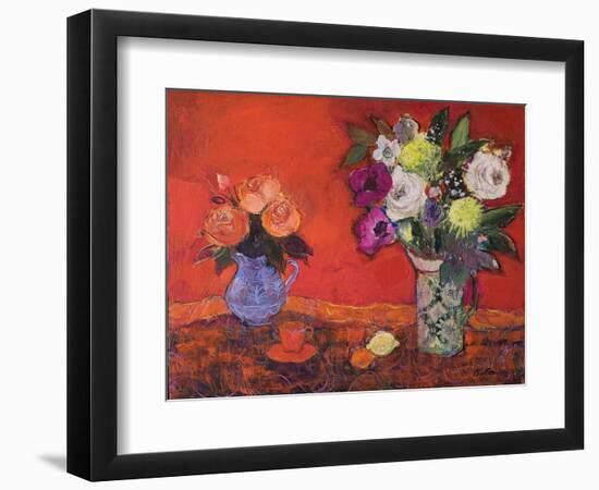 Two Jugs of Flowers on Red, 2019 (Acrylic)-Ann Oram-Framed Giclee Print