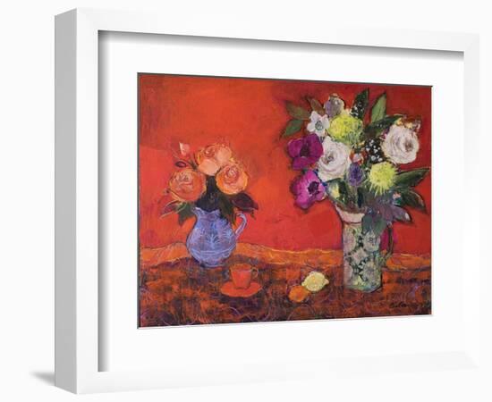 Two Jugs of Flowers on Red, 2019 (Acrylic)-Ann Oram-Framed Giclee Print