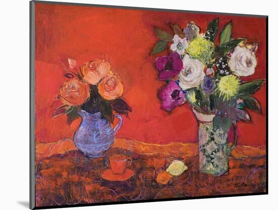 Two Jugs of Flowers on Red, 2019 (Acrylic)-Ann Oram-Mounted Giclee Print