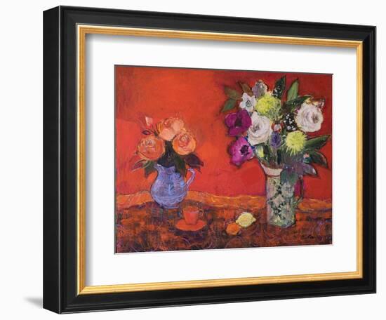 Two Jugs of Flowers on Red, 2019 (Acrylic)-Ann Oram-Framed Giclee Print