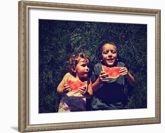 Two Kids Eating Watermelon-graphicphoto-Framed Photographic Print