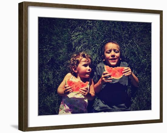 Two Kids Eating Watermelon-graphicphoto-Framed Photographic Print