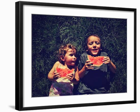 Two Kids Eating Watermelon-graphicphoto-Framed Photographic Print