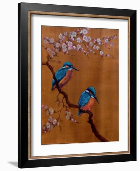 Two Kingfishers & Apple Blossom, 2021 (oil on canvas)-Lee Campbell-Framed Giclee Print